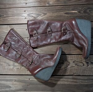 Nicole Brown Wedge Boots with Buckle Accents